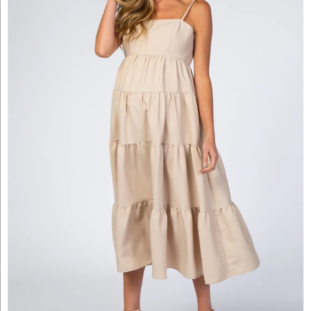 Beige Straight Neck Pleated Tier Back Tie Maternity Midi Dress